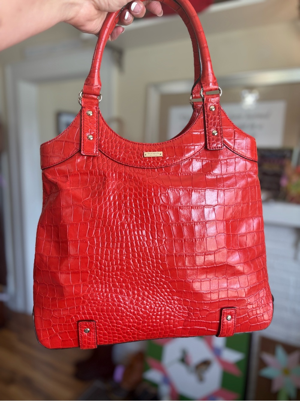 kate spade Red Croc-Embossed Shoulder Tote